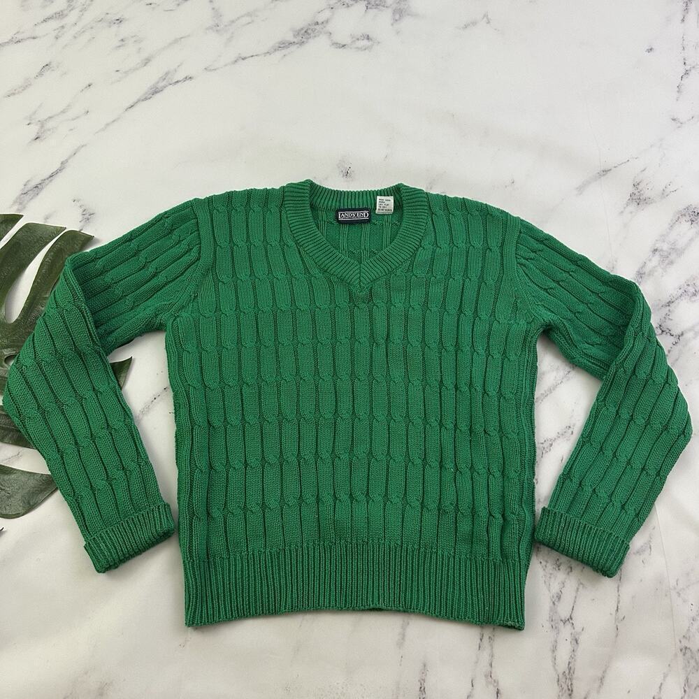 Lands End Womens Vintage 90s Cable Knit Sweater Size M Green Pullover Cotton